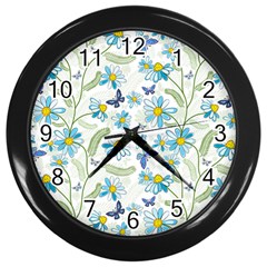 Flower Blue Butterfly Leaf Green Wall Clocks (black) by Mariart