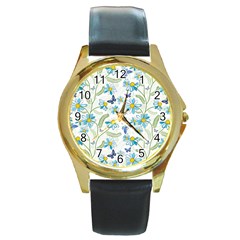 Flower Blue Butterfly Leaf Green Round Gold Metal Watch by Mariart