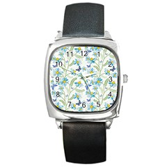 Flower Blue Butterfly Leaf Green Square Metal Watch