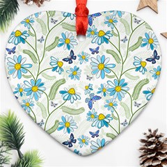 Flower Blue Butterfly Leaf Green Heart Ornament (two Sides) by Mariart