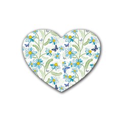 Flower Blue Butterfly Leaf Green Rubber Coaster (heart)  by Mariart