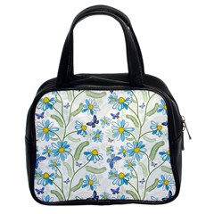 Flower Blue Butterfly Leaf Green Classic Handbags (2 Sides) by Mariart