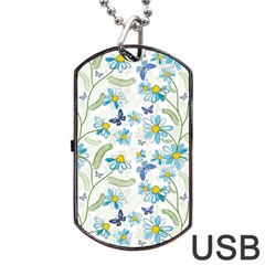 Flower Blue Butterfly Leaf Green Dog Tag Usb Flash (one Side) by Mariart