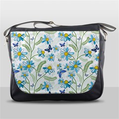 Flower Blue Butterfly Leaf Green Messenger Bags by Mariart