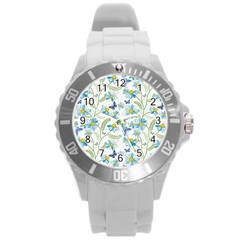 Flower Blue Butterfly Leaf Green Round Plastic Sport Watch (l) by Mariart