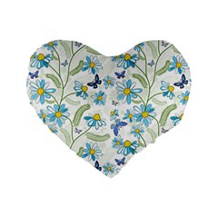 Flower Blue Butterfly Leaf Green Standard 16  Premium Heart Shape Cushions by Mariart