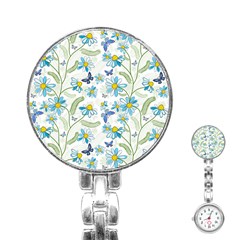 Flower Blue Butterfly Leaf Green Stainless Steel Nurses Watch by Mariart