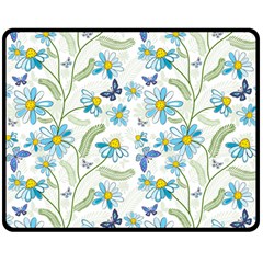 Flower Blue Butterfly Leaf Green Double Sided Fleece Blanket (medium)  by Mariart