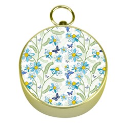 Flower Blue Butterfly Leaf Green Gold Compasses