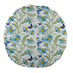 Flower Blue Butterfly Leaf Green Large 18  Premium Flano Round Cushions