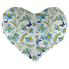 Flower Blue Butterfly Leaf Green Large 19  Premium Flano Heart Shape Cushions by Mariart