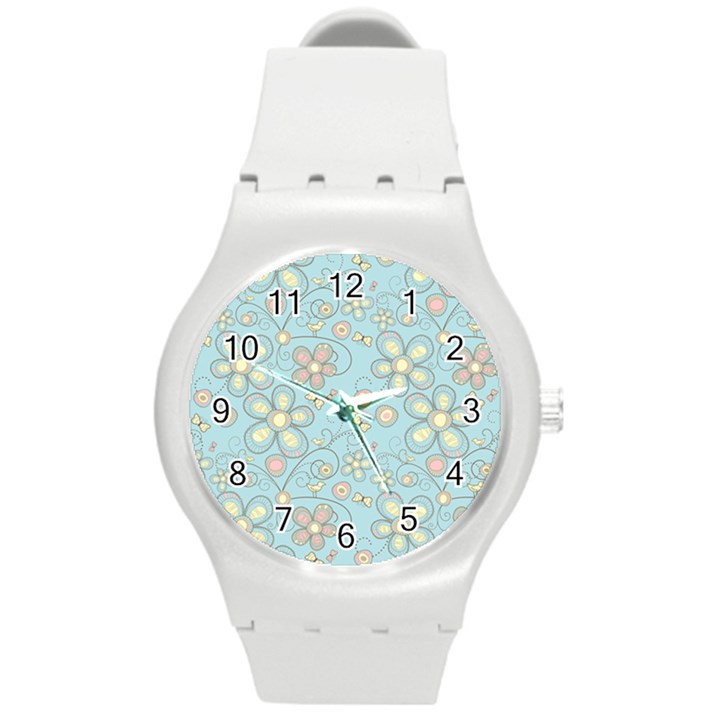 Flower Blue Butterfly Bird Yellow Floral Sexy Round Plastic Sport Watch (M)