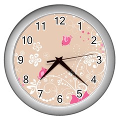 Flower Bird Love Pink Heart Valentine Animals Star Wall Clocks (silver) 