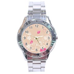 Flower Bird Love Pink Heart Valentine Animals Star Stainless Steel Analogue Watch by Mariart