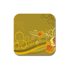 Flower Floral Yellow Sunflower Star Leaf Line Gold Rubber Square Coaster (4 Pack)  by Mariart