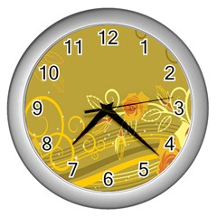 Flower Floral Yellow Sunflower Star Leaf Line Gold Wall Clocks (silver) 