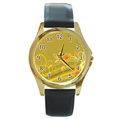 Flower Floral Yellow Sunflower Star Leaf Line Gold Round Gold Metal Watch by Mariart