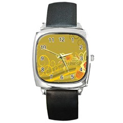 Flower Floral Yellow Sunflower Star Leaf Line Gold Square Metal Watch by Mariart