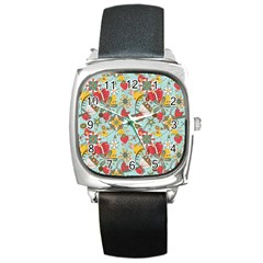 Flower Fruit Star Polka Rainbow Rose Square Metal Watch by Mariart