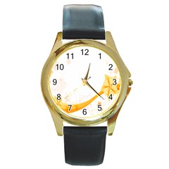 Flower Floral Yellow Sunflower Star Leaf Line Round Gold Metal Watch by Mariart