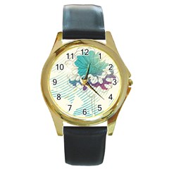 Flower Rose Purple Sunflower Lotus Round Gold Metal Watch