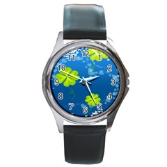 Flower Shamrock Green Blue Sexy Round Metal Watch