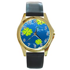 Flower Shamrock Green Blue Sexy Round Gold Metal Watch by Mariart