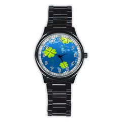 Flower Shamrock Green Blue Sexy Stainless Steel Round Watch by Mariart