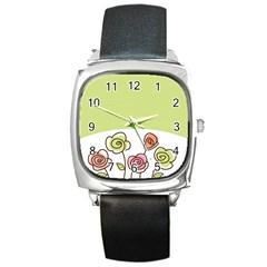 Flower Simple Green Rose Sunflower Sexy Square Metal Watch