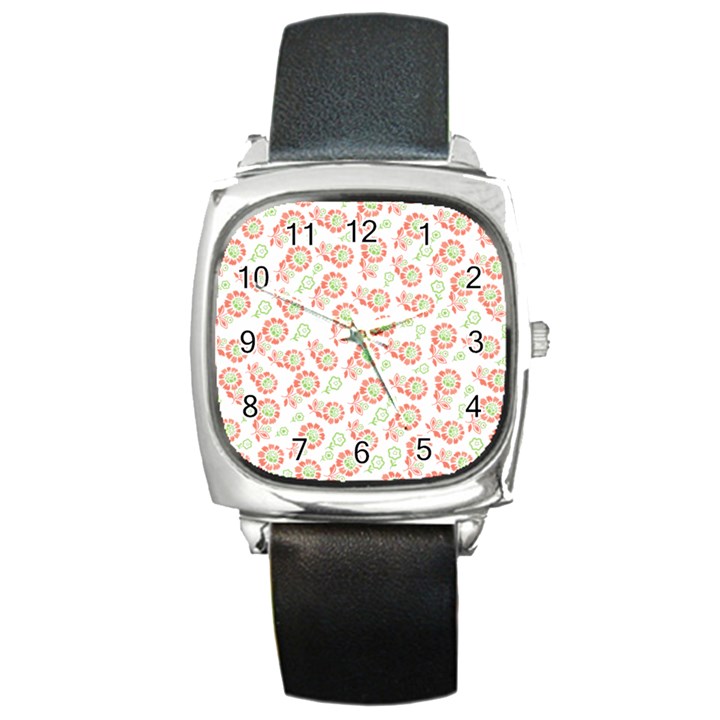 Flower Rose Red Green Sunflower Star Square Metal Watch