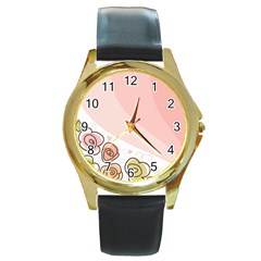 Flower Sunflower Wave Waves Pink Round Gold Metal Watch