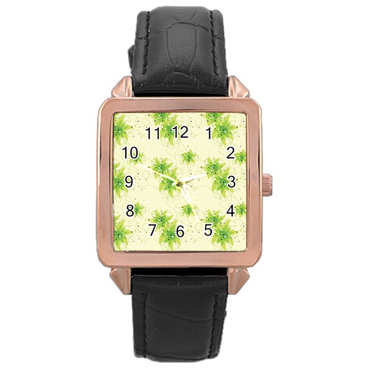 Leaf Green Star Beauty Rose Gold Leather Watch 