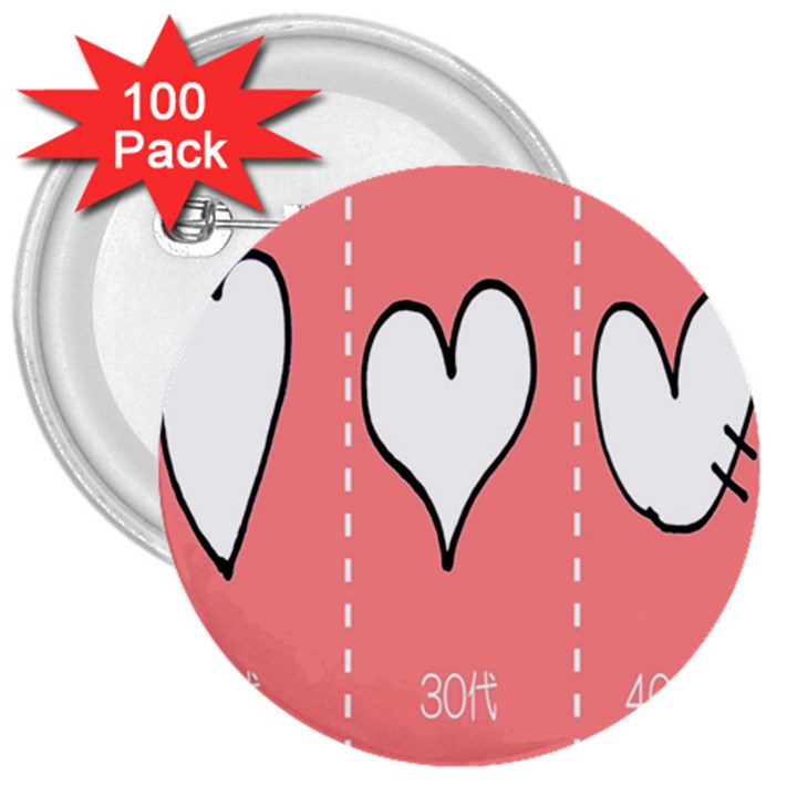 Love Heart Valentine Pink White Sexy 3  Buttons (100 pack) 