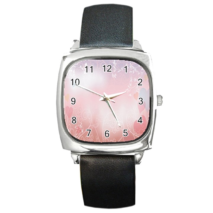 Love Heart Pink Valentine Flower Leaf Square Metal Watch