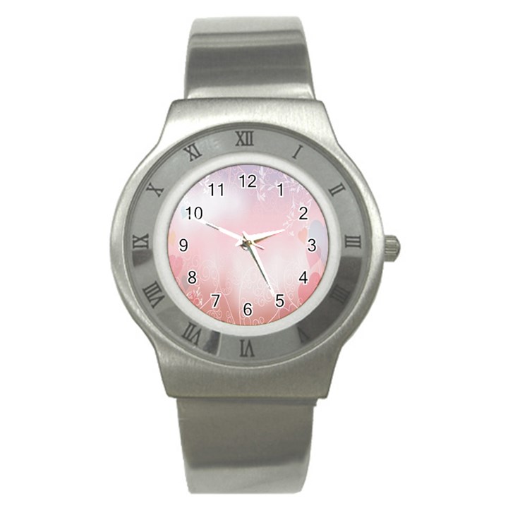 Love Heart Pink Valentine Flower Leaf Stainless Steel Watch