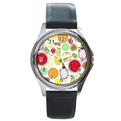 Mango Fruit Pieces Watermelon Dragon Passion Fruit Apple Strawberry Pineapple Melon Round Metal Watch by Mariart