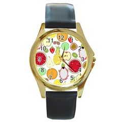 Mango Fruit Pieces Watermelon Dragon Passion Fruit Apple Strawberry Pineapple Melon Round Gold Metal Watch by Mariart