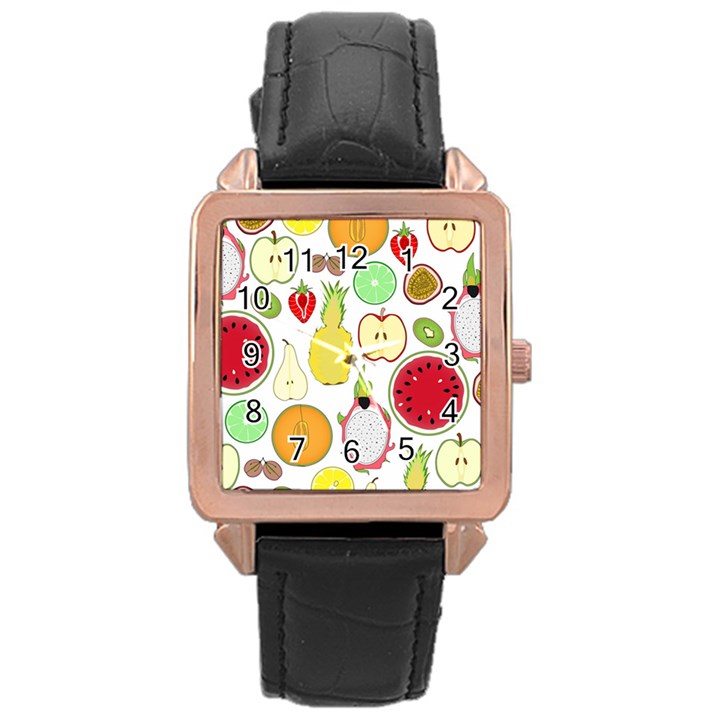 Mango Fruit Pieces Watermelon Dragon Passion Fruit Apple Strawberry Pineapple Melon Rose Gold Leather Watch 