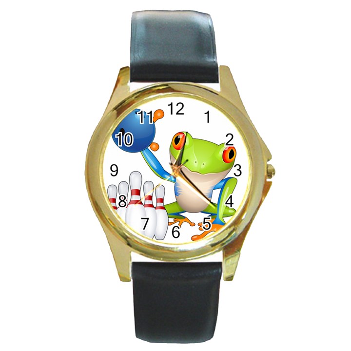 Tree Frog Bowler Round Gold Metal Watch