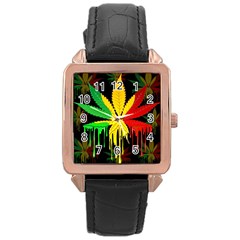 Marijuana Cannabis Rainbow Love Green Yellow Red Black Rose Gold Leather Watch 