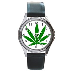 Marijuana Weed Drugs Neon Cannabis Green Leaf Sign Round Metal Watch by Mariart