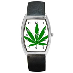 Marijuana Weed Drugs Neon Cannabis Green Leaf Sign Barrel Style Metal Watch by Mariart