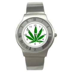 Marijuana Weed Drugs Neon Cannabis Green Leaf Sign Stainless Steel Watch