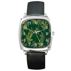 Marijuana Cannabis Rainbow Love Green Yellow Leaf Square Metal Watch