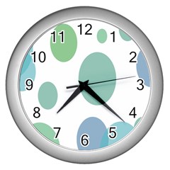 Polka Dots Blue Green White Wall Clocks (silver)  by Mariart