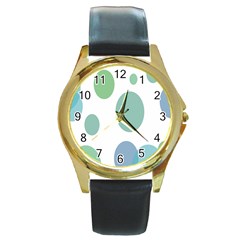 Polka Dots Blue Green White Round Gold Metal Watch