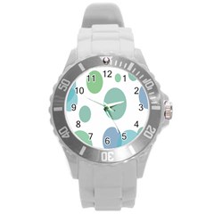 Polka Dots Blue Green White Round Plastic Sport Watch (l)