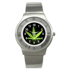 Marijuana Weed Drugs Neon Green Black Light Stainless Steel Watch