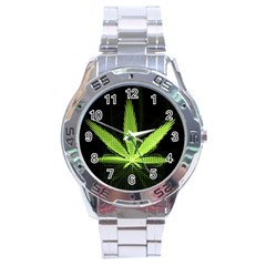 Marijuana Weed Drugs Neon Green Black Light Stainless Steel Analogue Watch