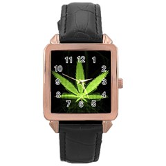 Marijuana Weed Drugs Neon Green Black Light Rose Gold Leather Watch  by Mariart